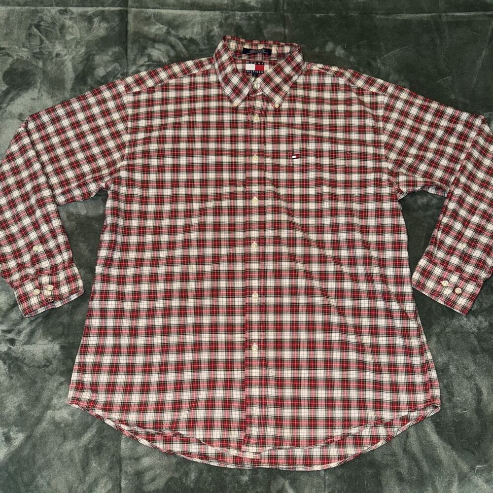 Tommy Hilfiger Y2K Shirt Mens XL Red White Plaid‎ Long Sleeve Button-Down 2002